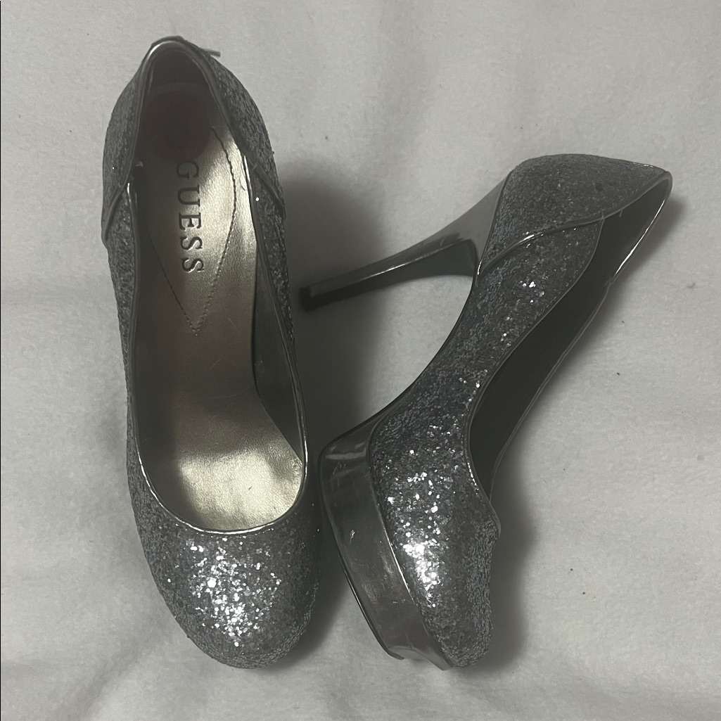 Guess Silver Glitter Platform Stiletto Pumps